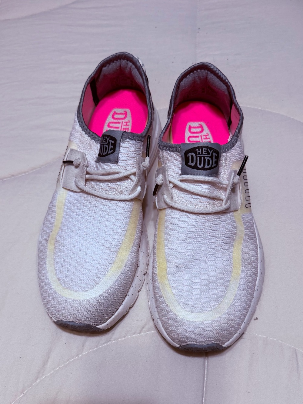 Hey Dude Women's White Knit Slip-On Sneakers with Pink Insoles. 10